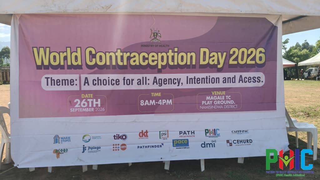 World Contraception Day 2026 banner at Magale TC Play Ground, Namisindwa District, with the theme A choice for all: Agency, Intention and Access